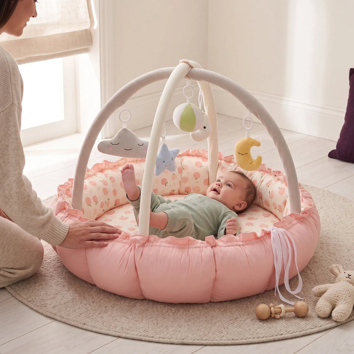 Baby looking up at the hanging toys in the pink play gym nest, with a parent close by
