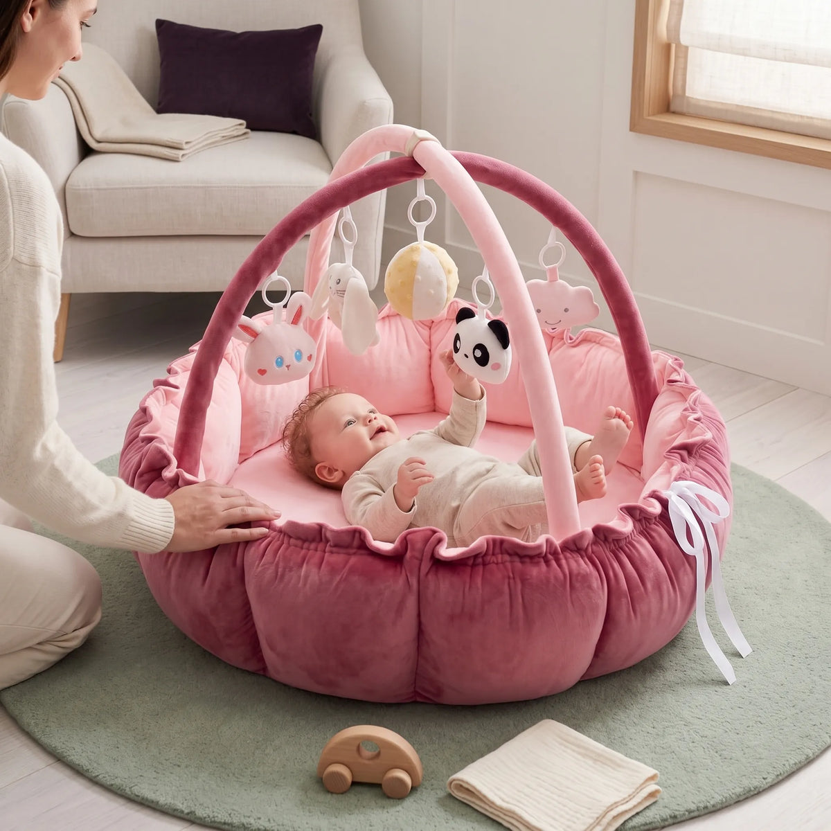 Baby playing in the rose play gym nest while a parent rests a hand on the padded side