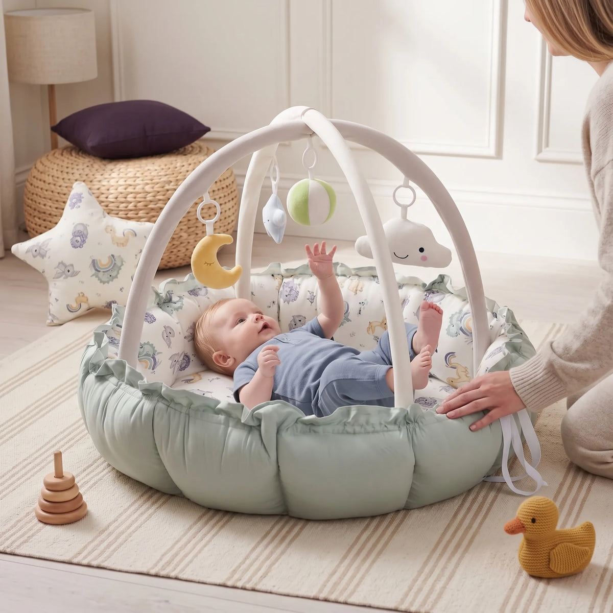 Baby reaching up to the hanging toys on the mint play gym nest, with a parent beside them