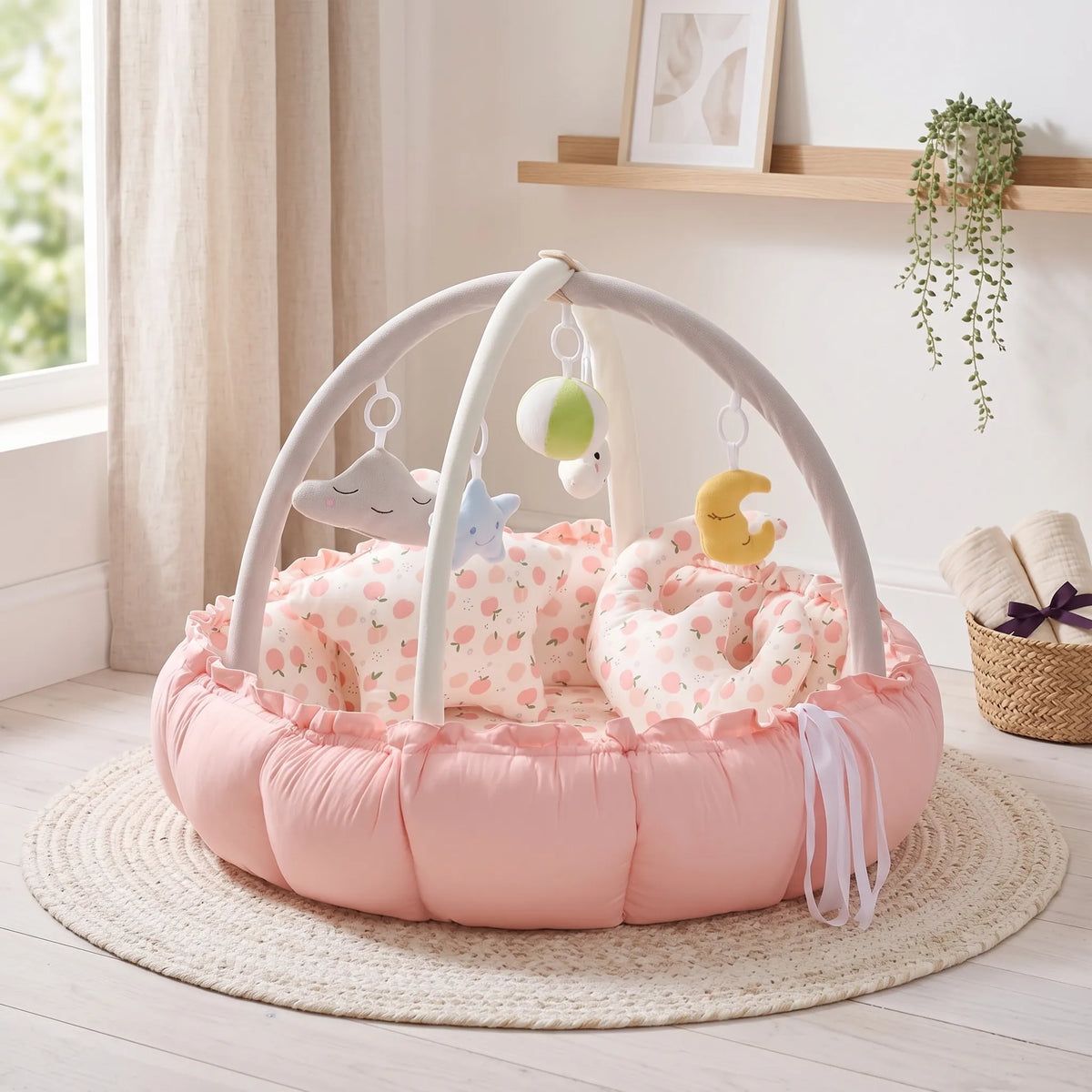 Pink baby play gym nest with heart print cushions in a bright nursery