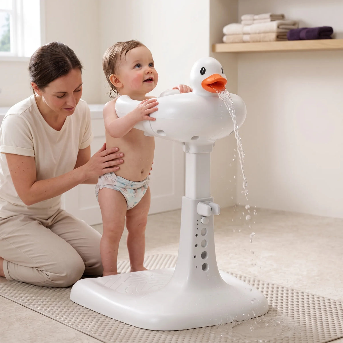 Toddler standing on the shower stand holding the duck support column while a parent helps