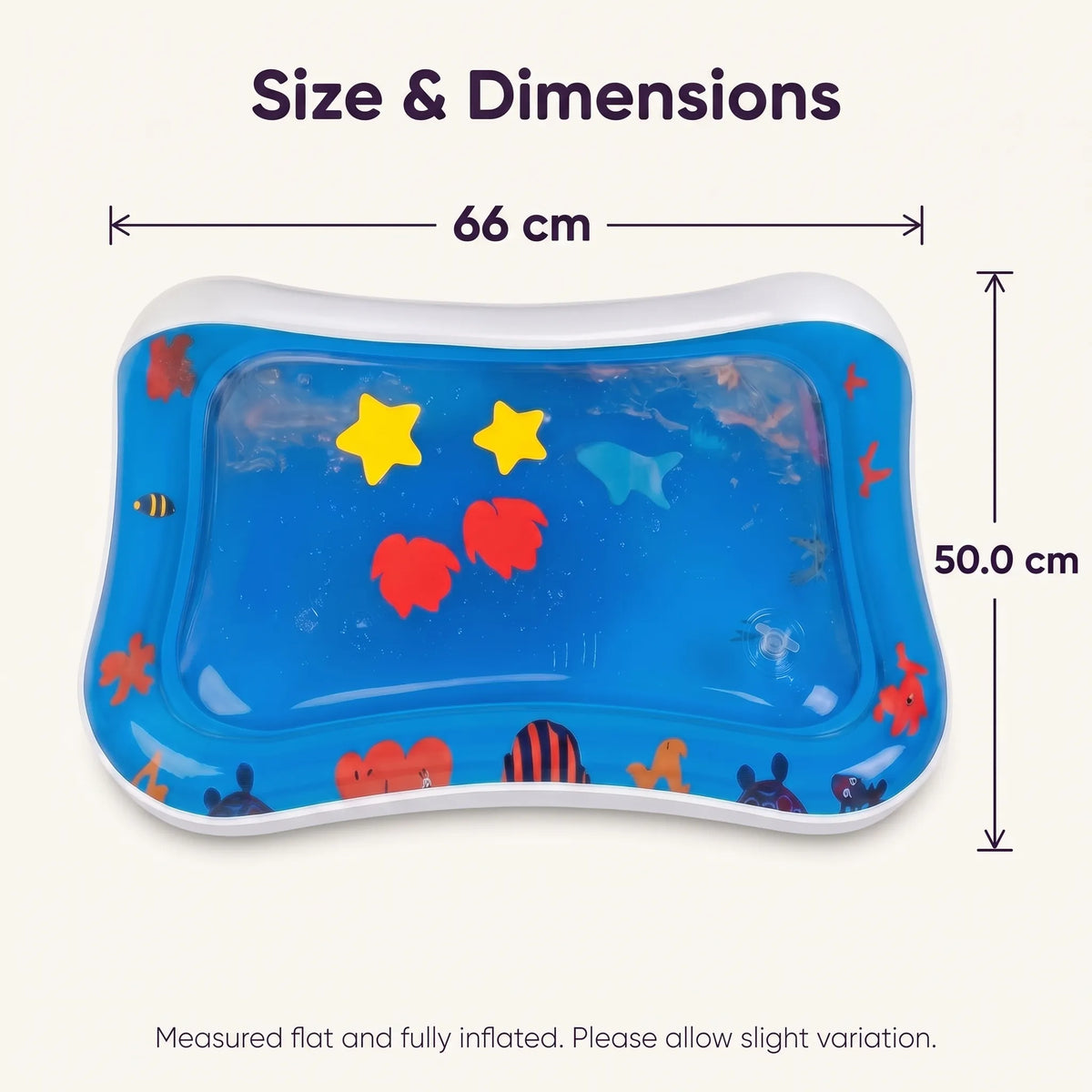 Inflatable baby water play mat shown with dimensions of 66 cm by 50 cm