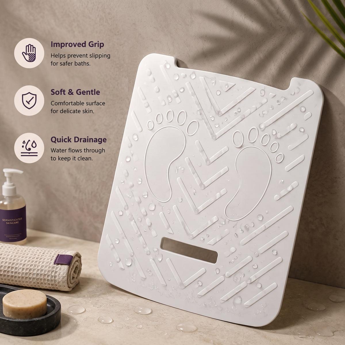Textured non-slip shower stand platform with labelled features for grip, comfort and drainage