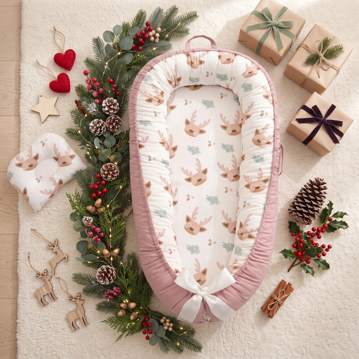 Christmas baby nest with reindeer print and pink trim, surrounded by festive greenery