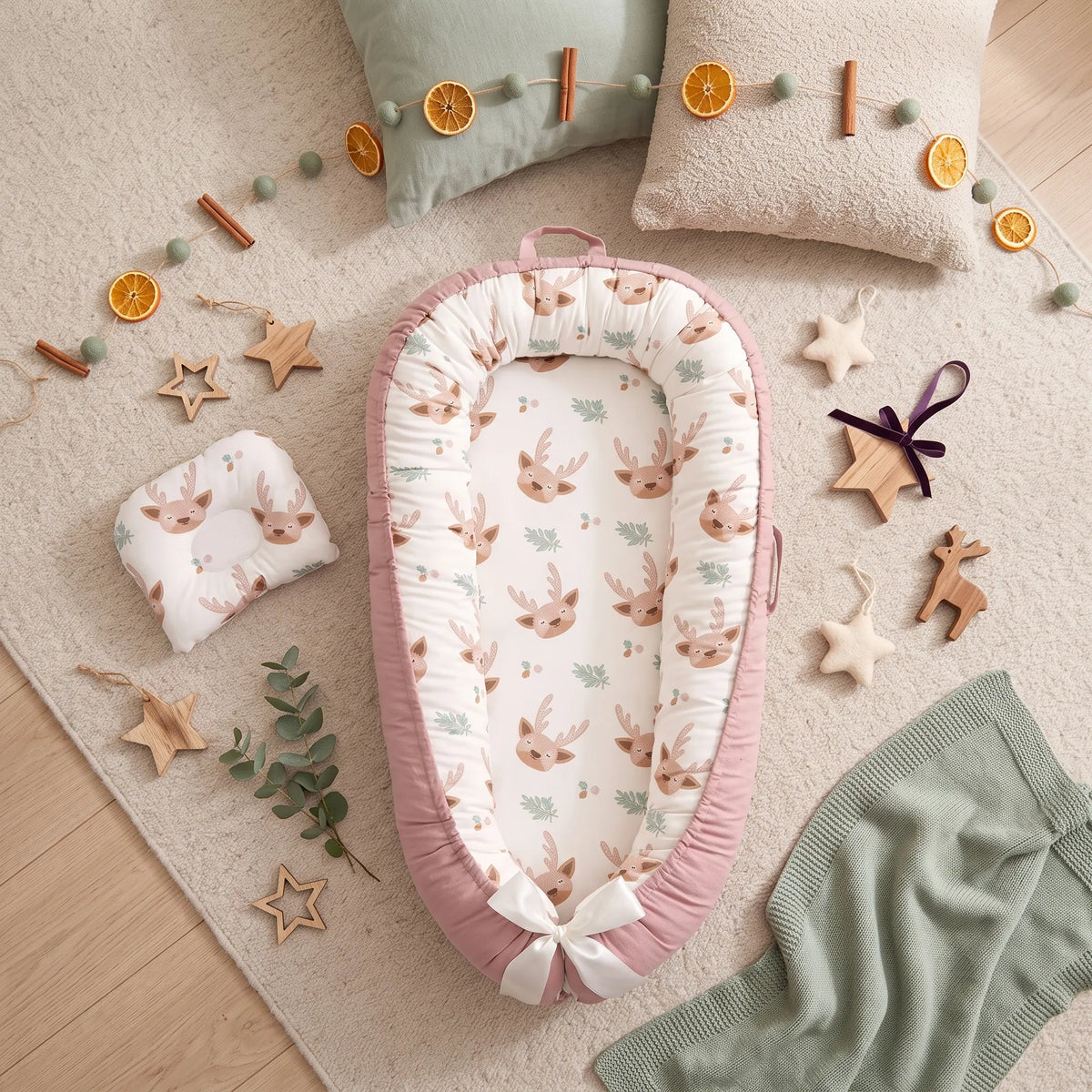 Top view of the reindeer print baby nest with a white bow at the foot