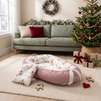 Christmas baby nest on a rug in a festive living room with a Christmas tree