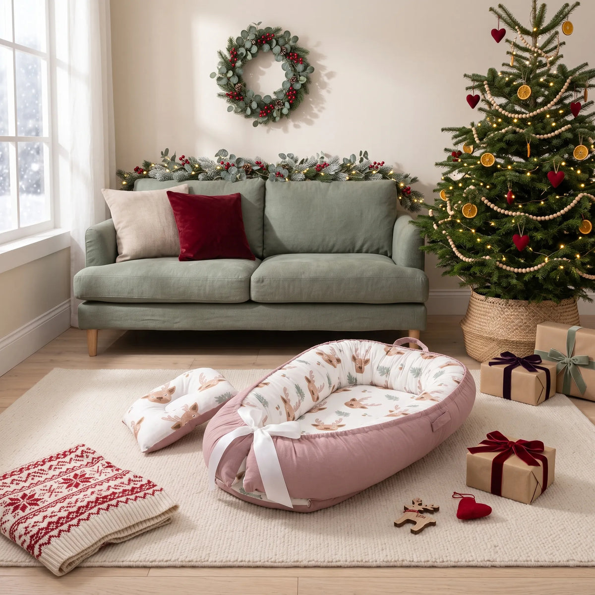 Reindeer print baby nest on a rug beside wrapped presents and a Christmas tree