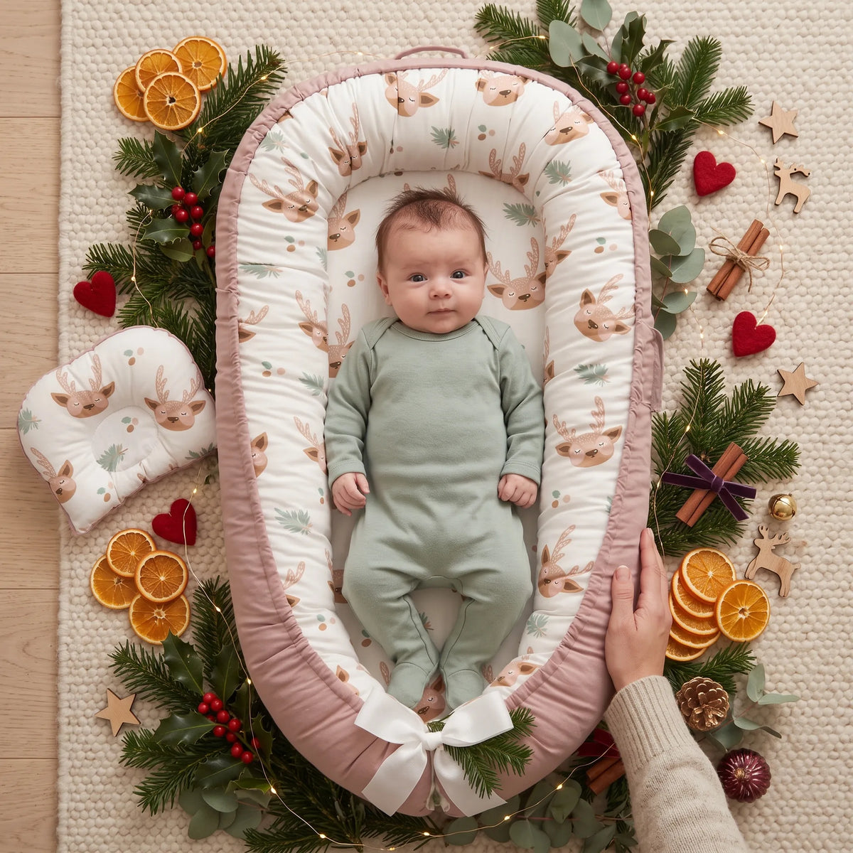 Newborn in a green sleepsuit lying on their back in the Christmas baby nest, with a parent's hand beside them