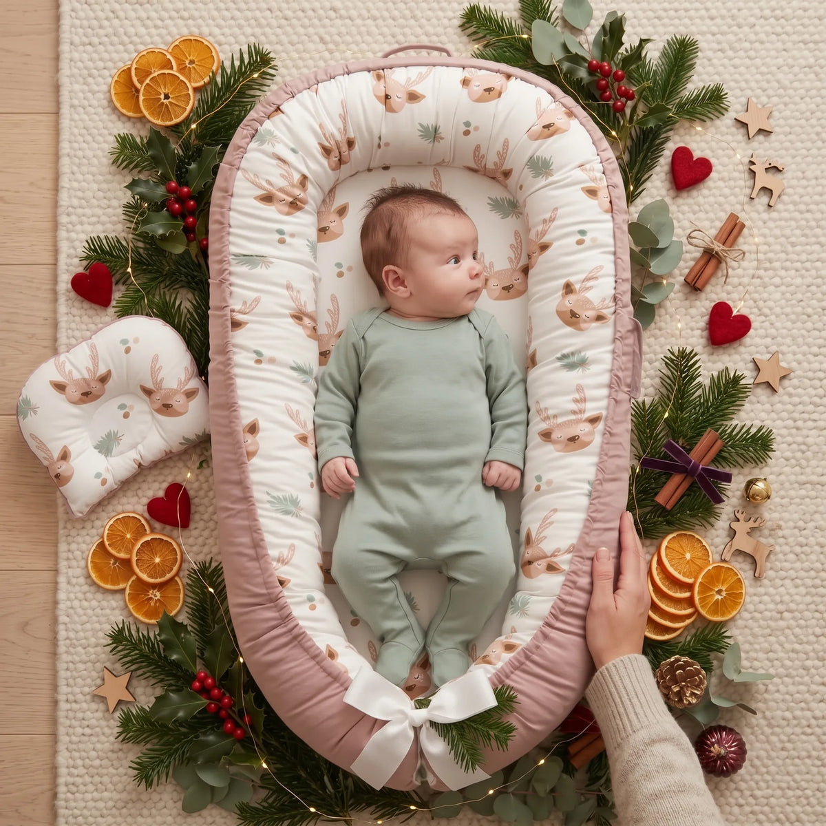 Baby in a green sleepsuit resting in the reindeer print baby nest with a parent close by