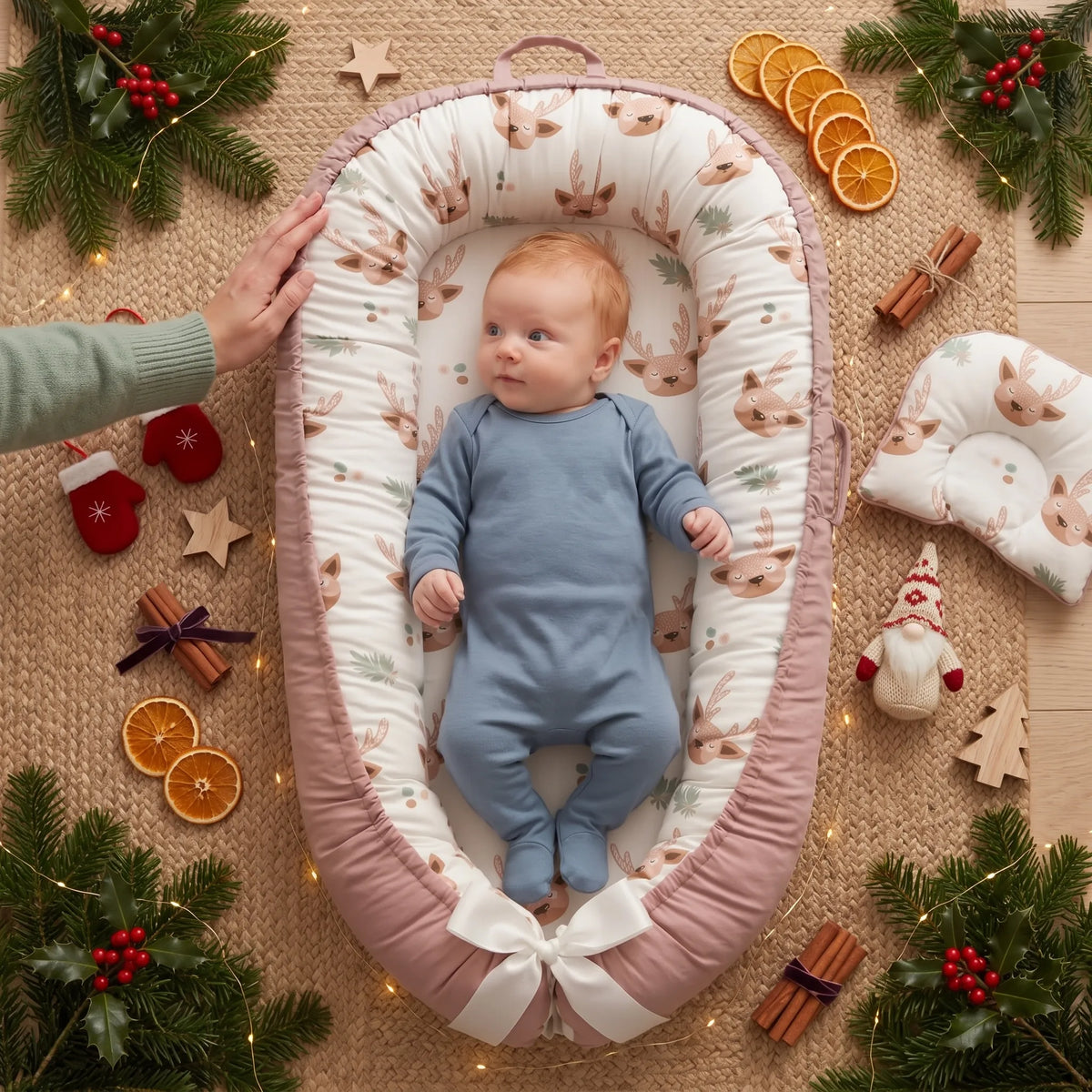 Baby in a blue sleepsuit lying in the Christmas baby nest with a parent's hand on the side