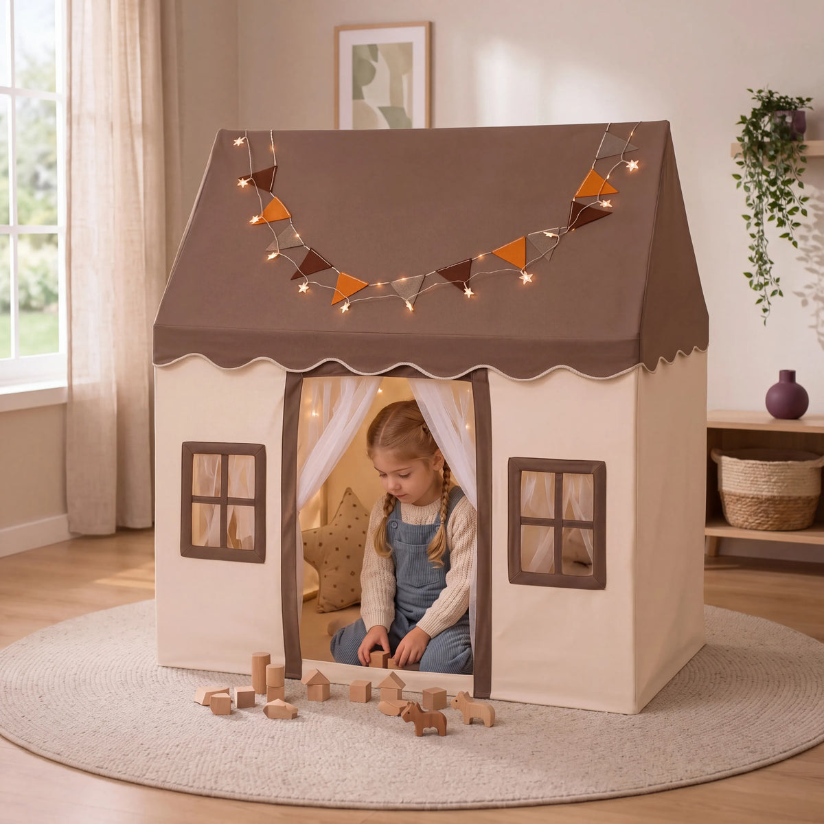 Girl playing with wooden blocks inside the Chestnut Brown cottage kids play tent with windows and curtains