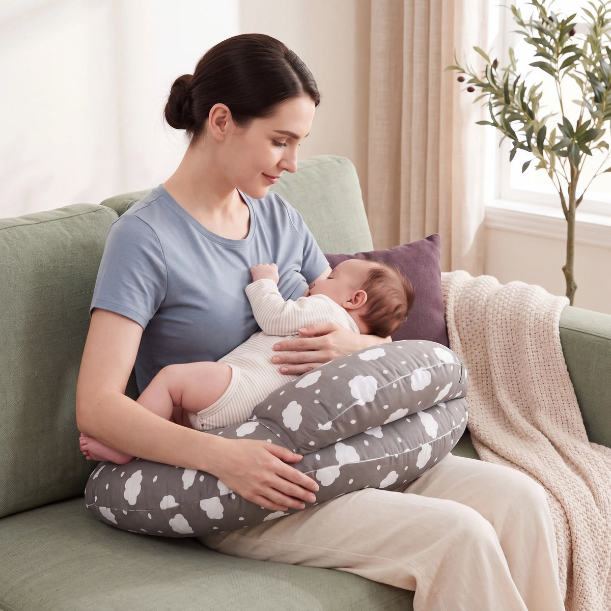 Mum sitting upright on the sofa holding her baby on the Dreamy Clouds wraparound nursing pillow