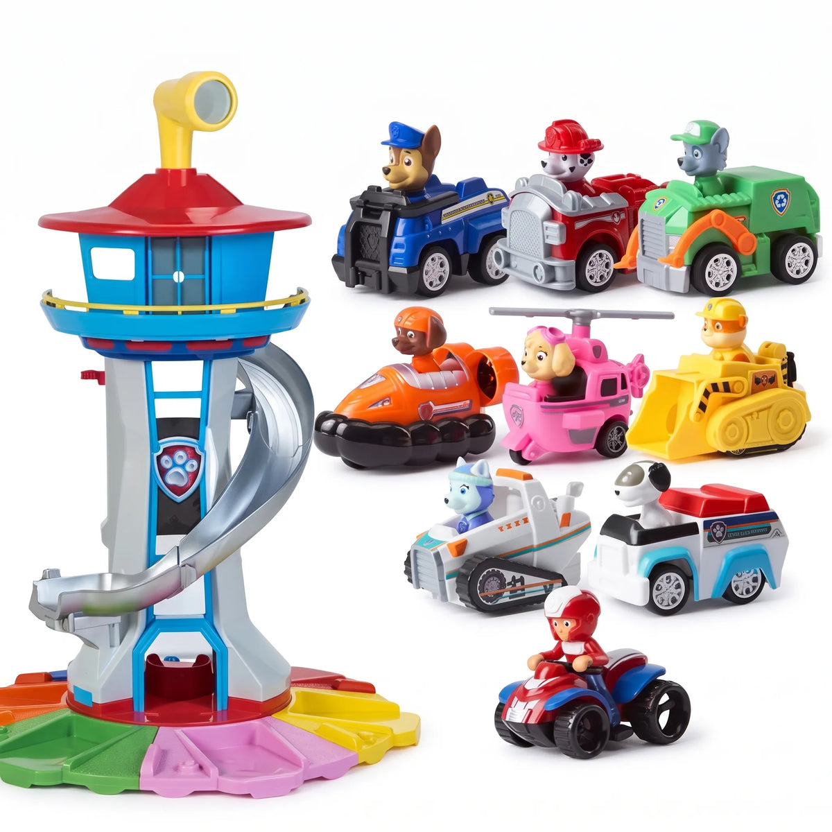 Rescue tower car playset with spiral slide, ramp, garage and mini cars