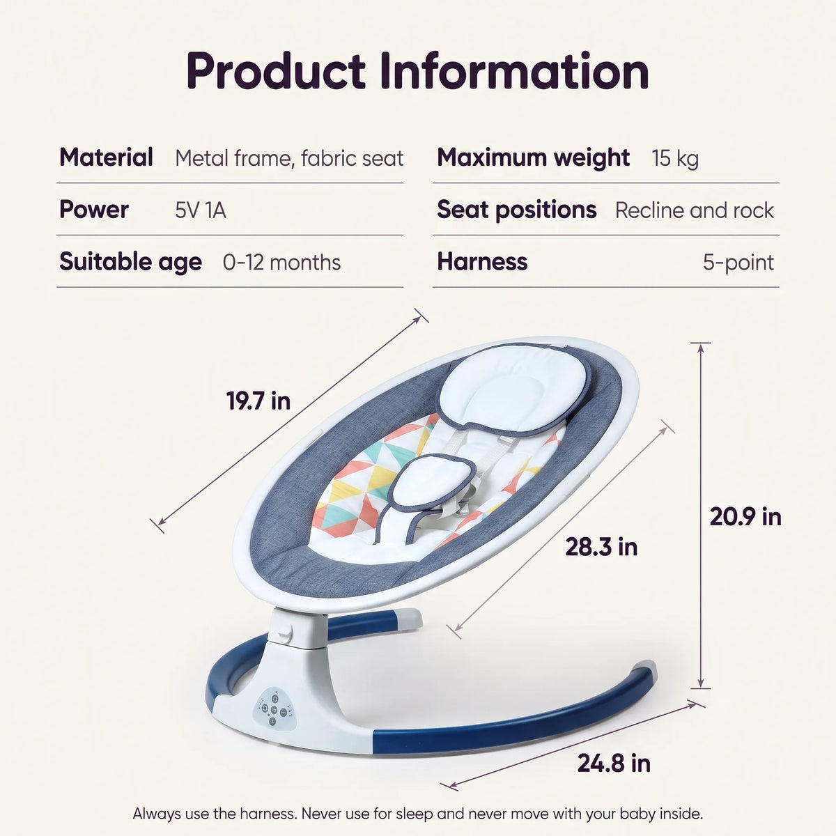 Electric baby rocking cradle chair shown with dimensions and product specifications