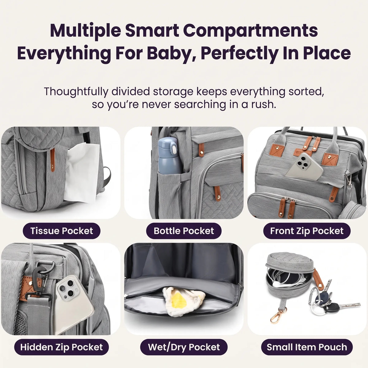 Diaper backpack showing six labelled pockets: tissue pocket, bottle pocket, front zip pocket, hidden zip pocket, wet/dry pocket, small item pouch