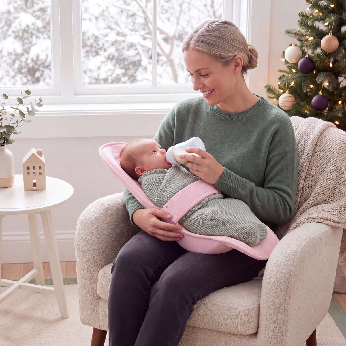 Mum holding the bottle while her baby rests on the pink nursing cushion on her lap by the Christmas tree