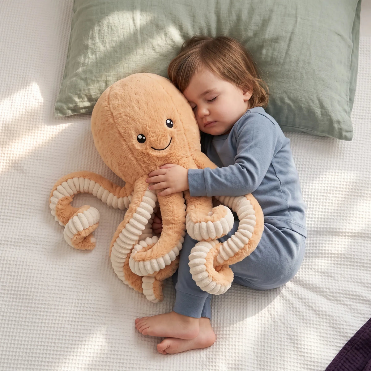 Toddler hugging a peach octopus soft toy while resting on a pillow