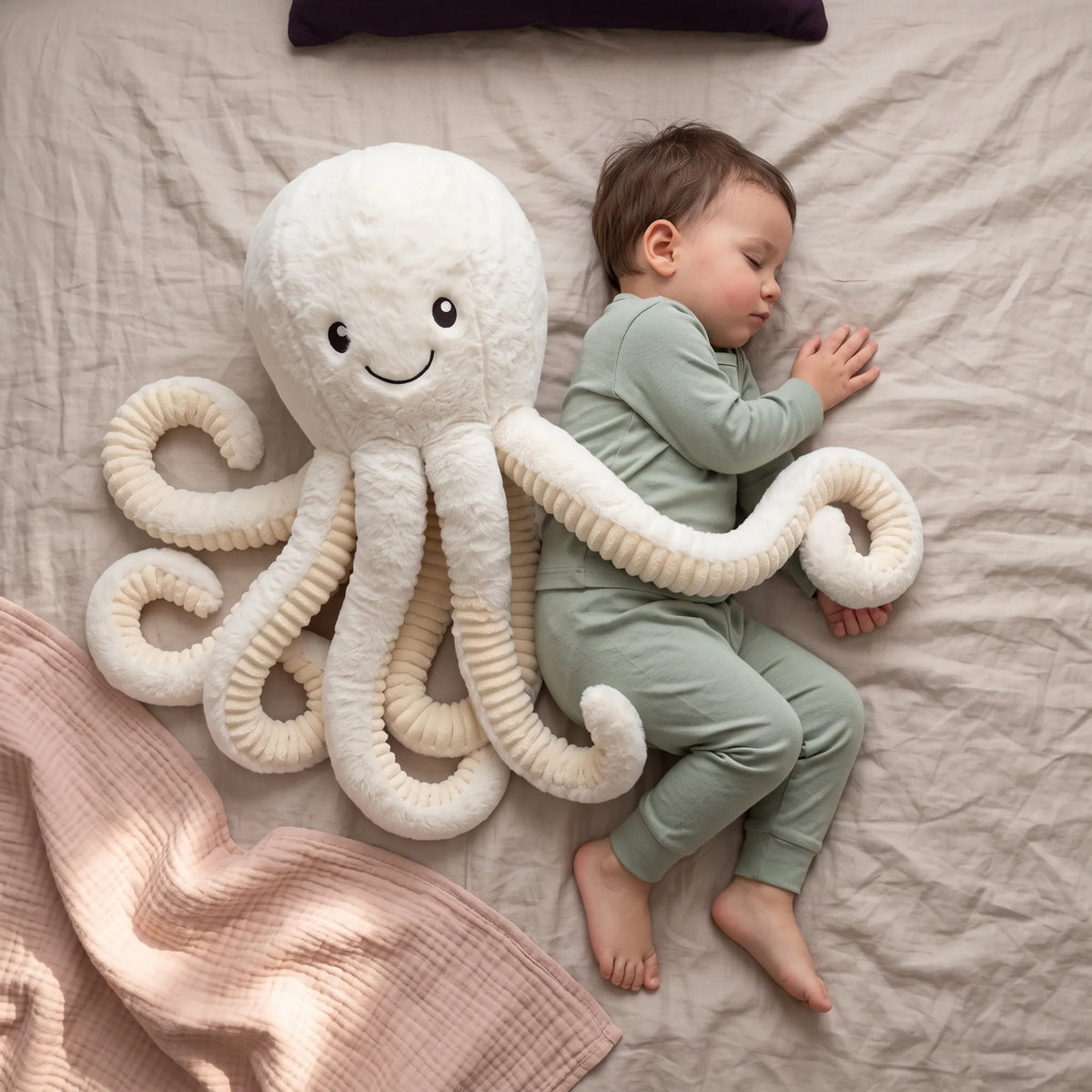 Toddler cuddled up beside a white octopus soft toy on a bed