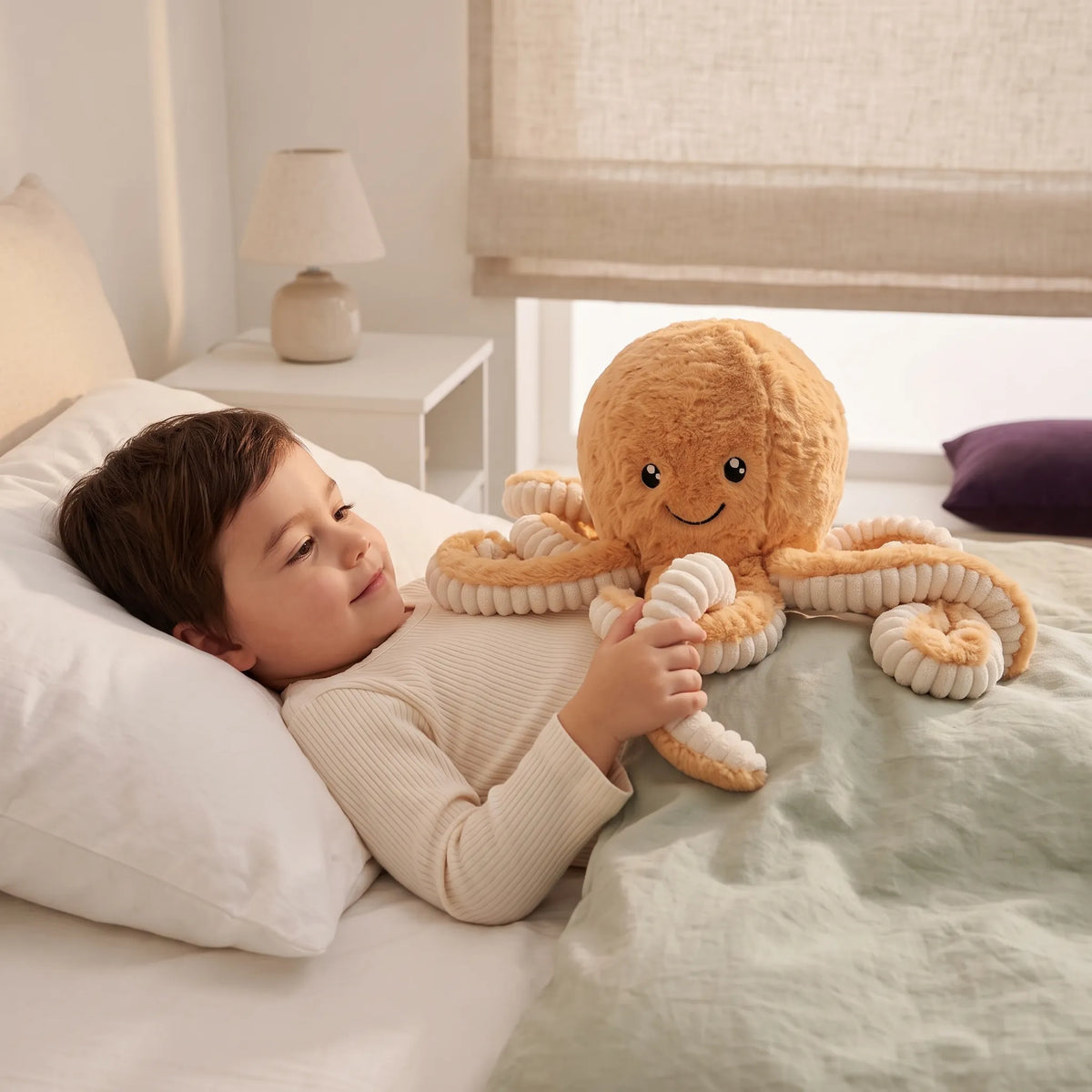 Smiling child in bed holding the curly tentacle of a peach octopus cuddly toy