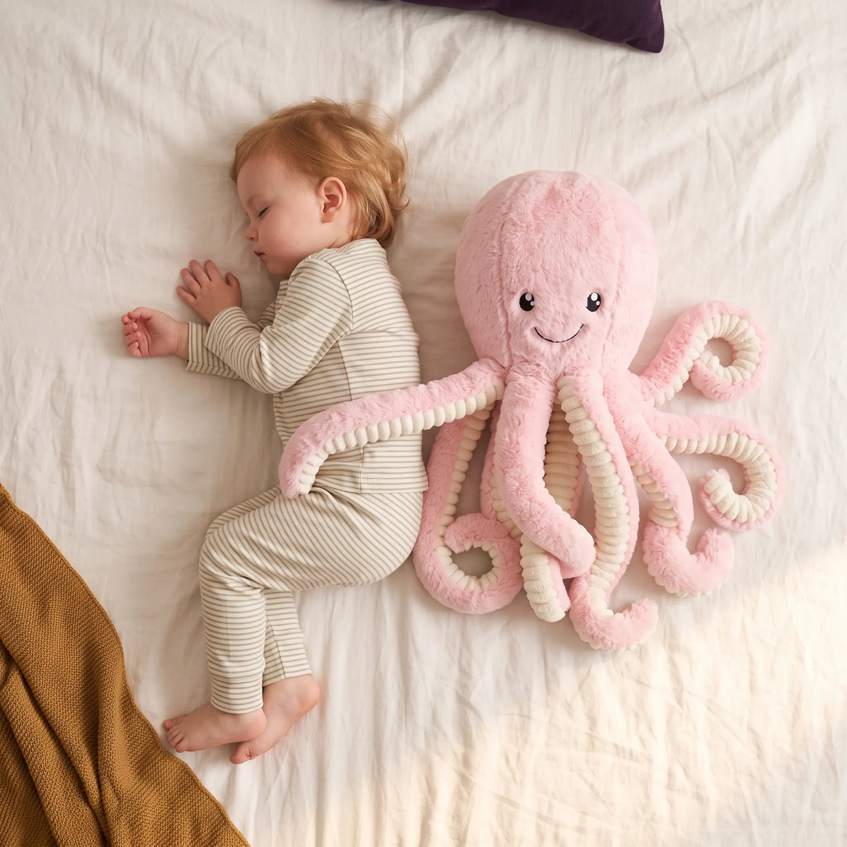 Toddler resting next to a pink octopus soft toy with ribbed tentacles