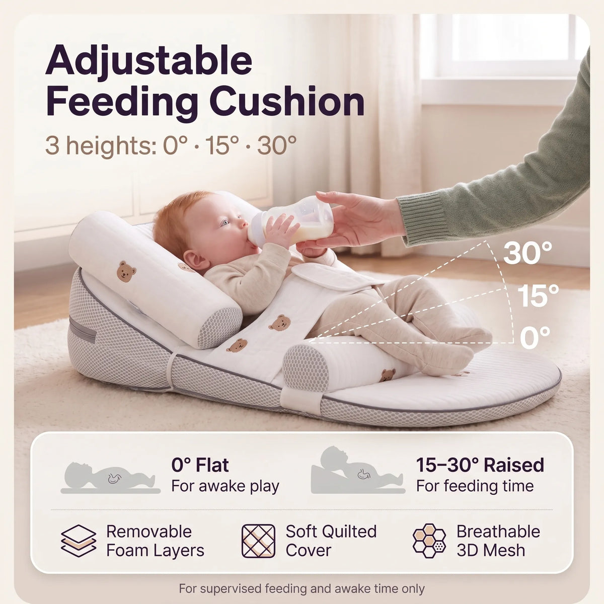 Side view of the baby lounger showing its internal supportive layers, spine protection, and ventilation mesh