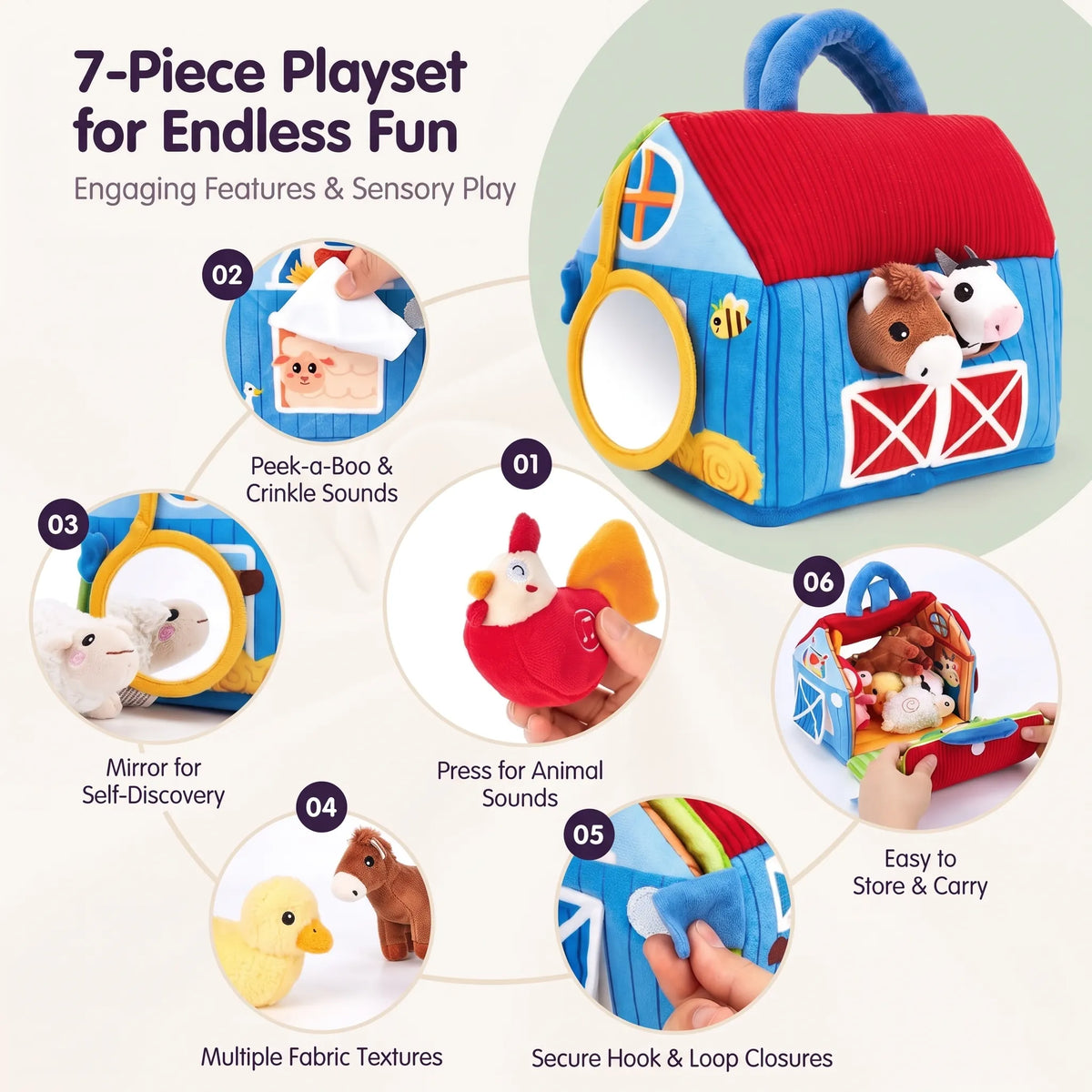 Close-ups of the barn's peek-a-boo flap, mirror, fabric textures, hook-and-loop closures and carry handle