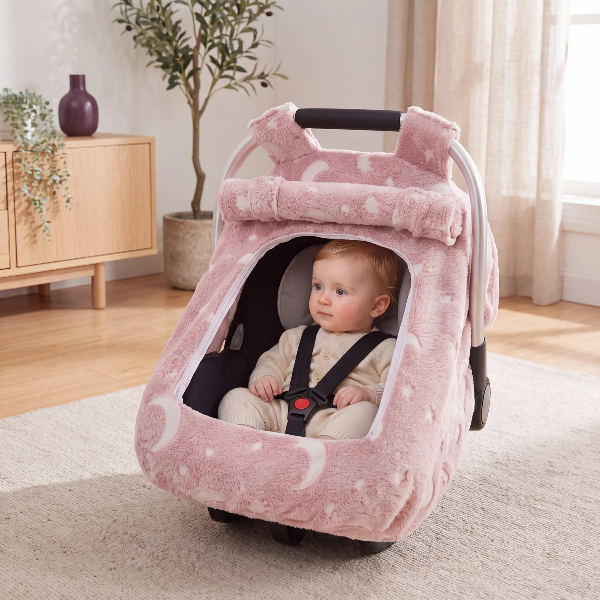 Baby strapped into a car seat carrier with the pink fleece cover's front flap rolled up