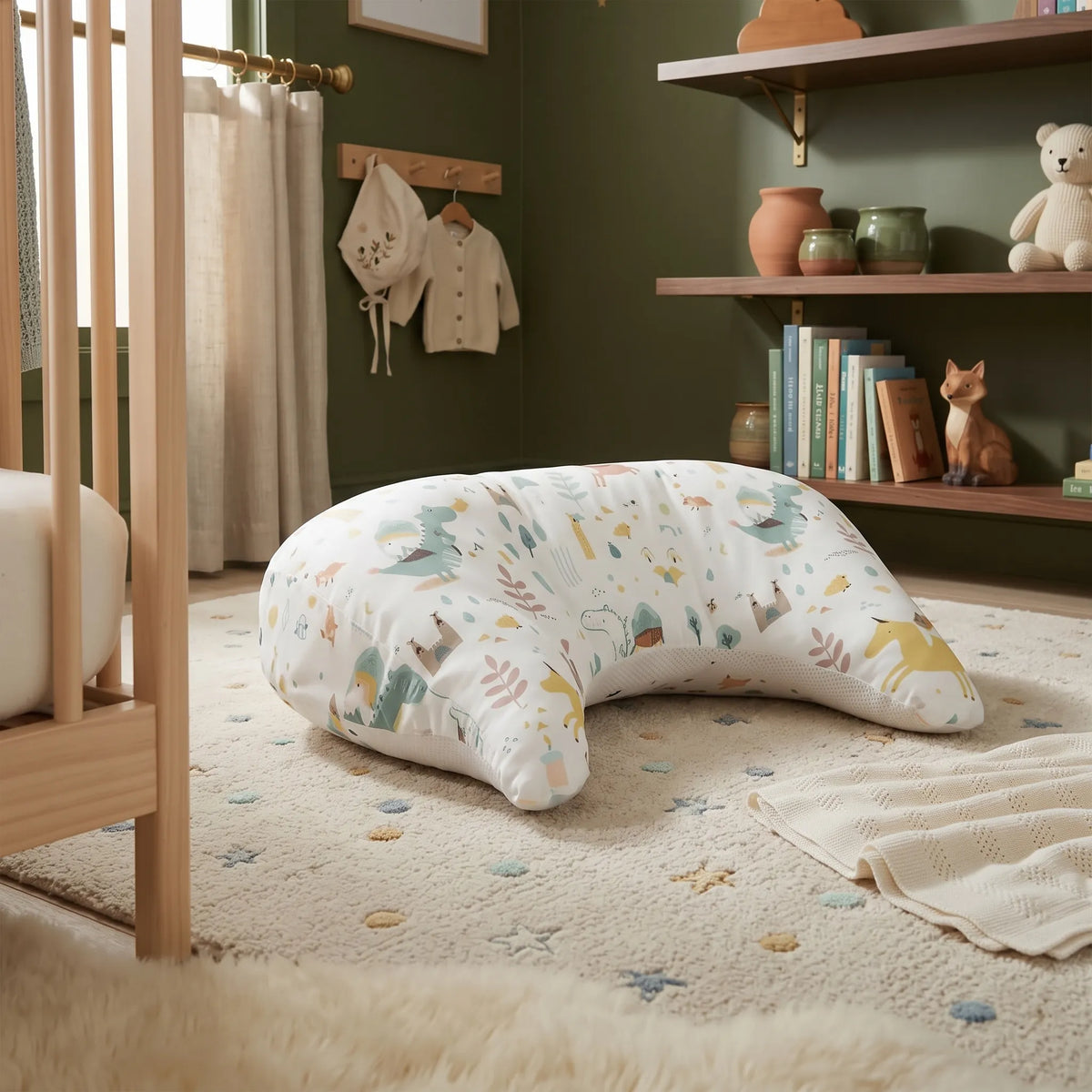 U-shaped baby tummy time pillow in a calm nursery