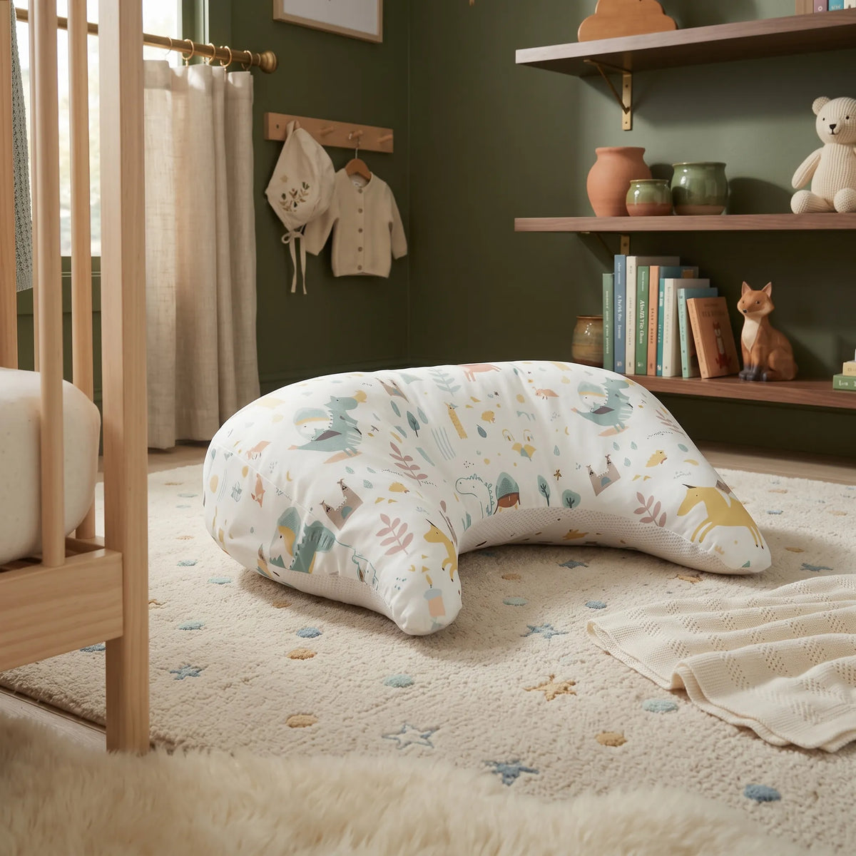 Green Dinosaur U-shaped tummy time pillow on a nursery rug