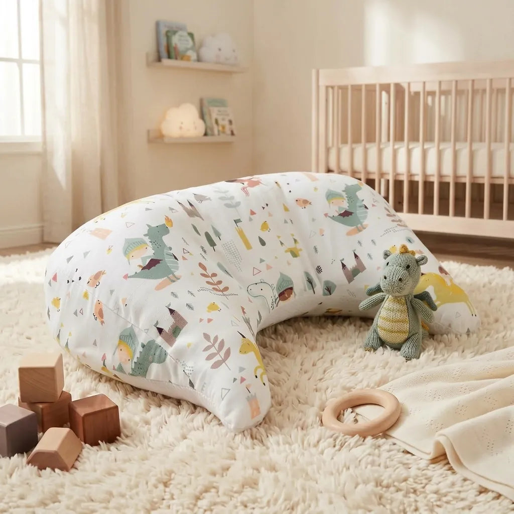 U-shaped tummy time pillow beside a cot in a bright nursery