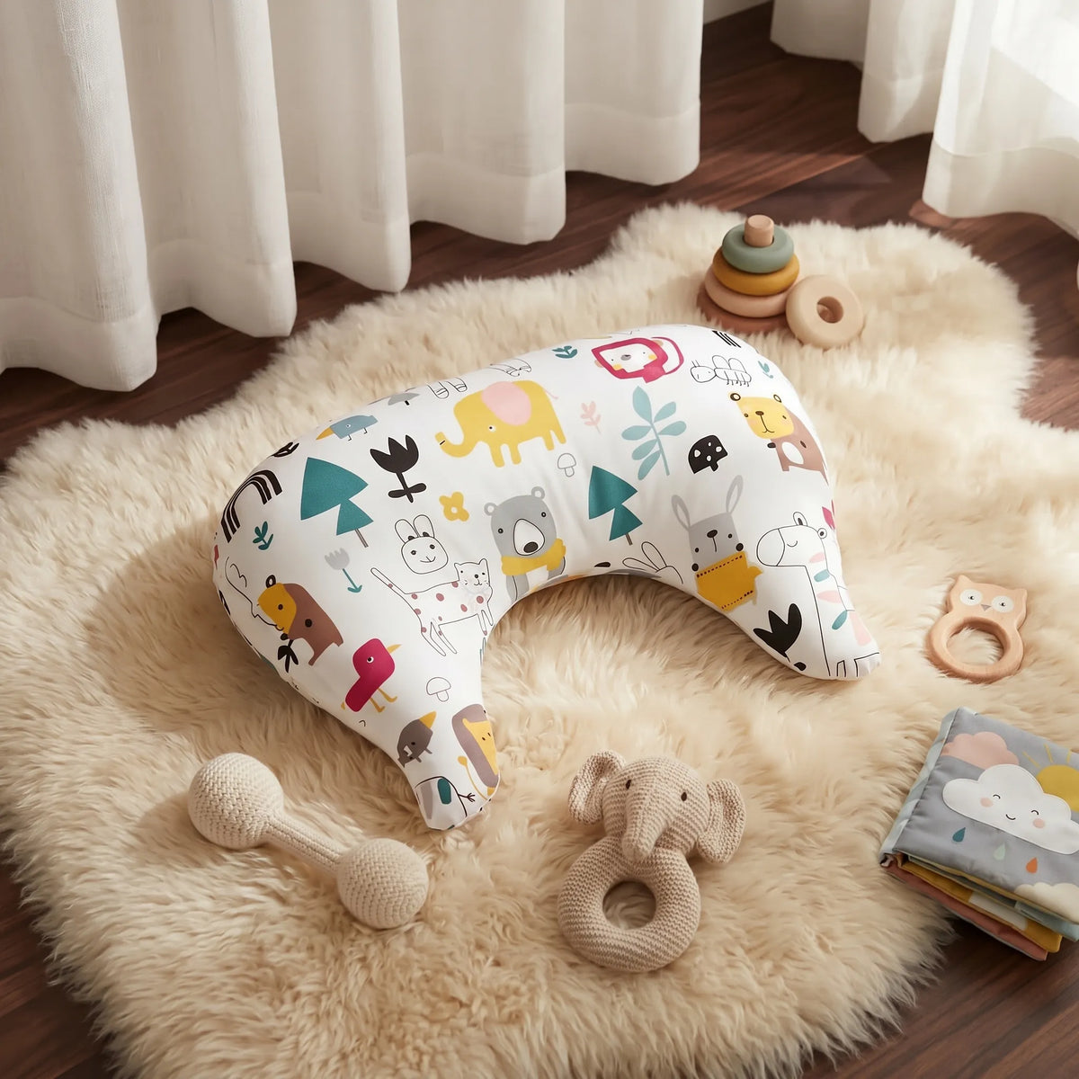 Jungle print tummy time pillow on a sheepskin rug with baby toys