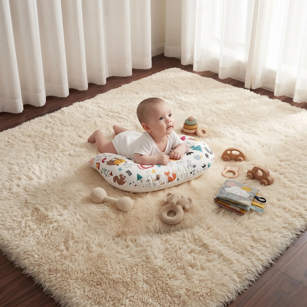 Baby enjoying tummy time on the U-shaped pillow, surrounded by toys