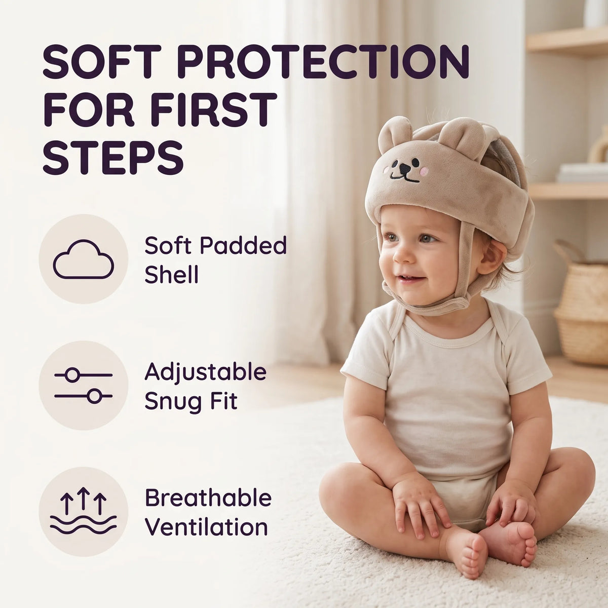 Baby wearing the bear safety helmet with labelled features for padded shell, adjustable fit and ventilation