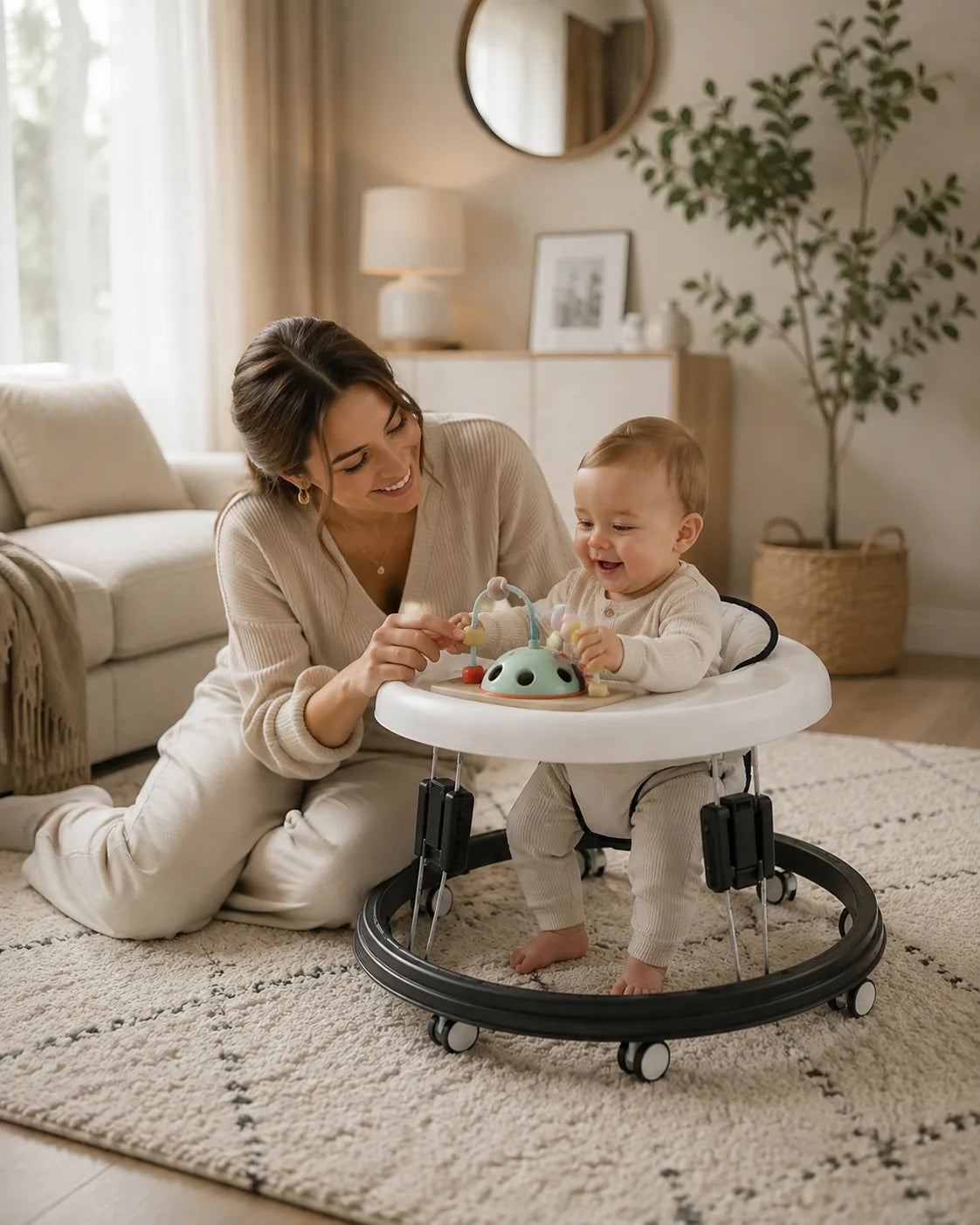 Parent playing with their baby seated in the round anti-rollover baby walker