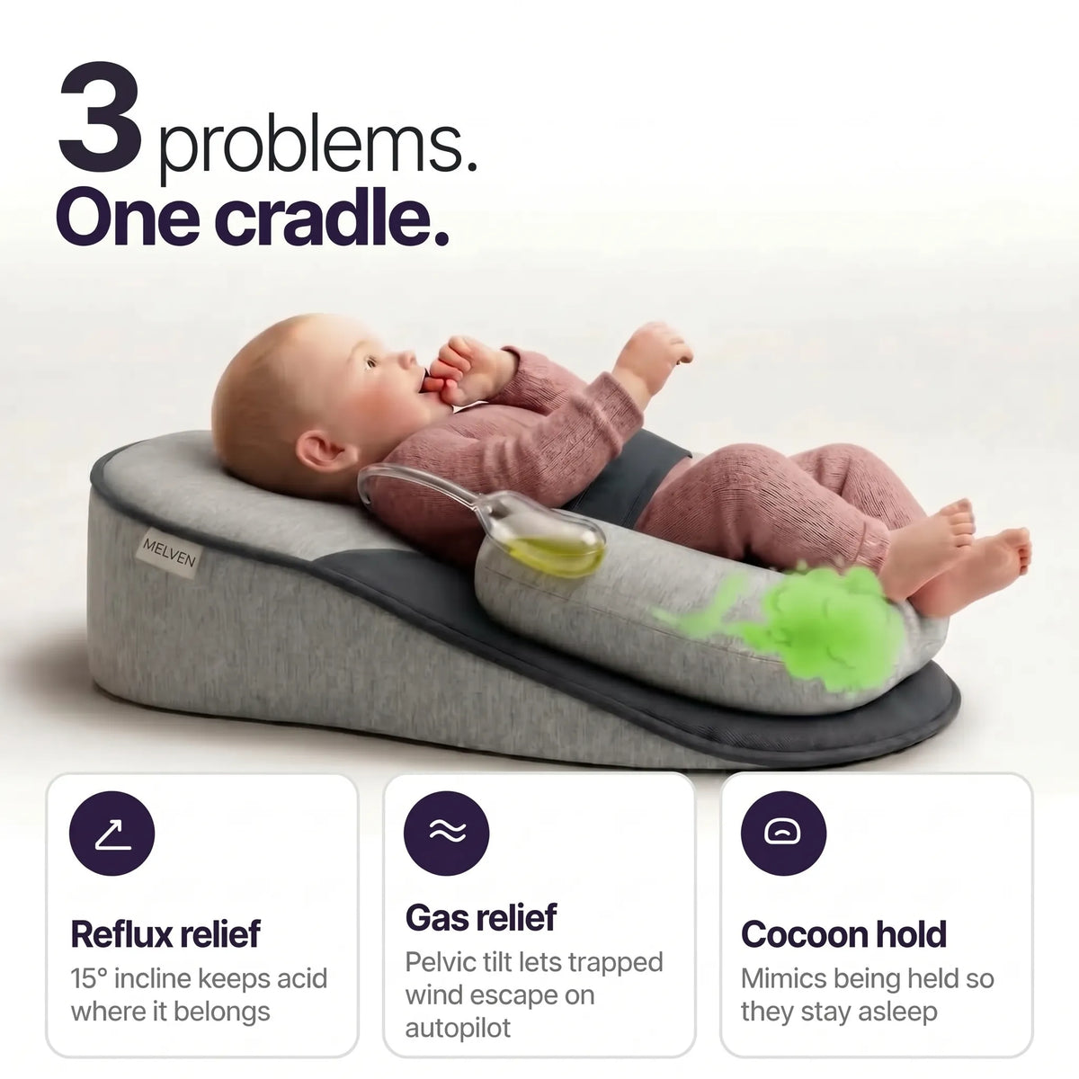 Inclined newborn lounger with labelled 15 degree incline, pelvic tilt leg cushion and cocoon-style hold