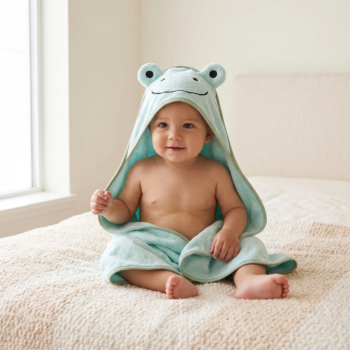 Toddler sitting wrapped in the mint frog hooded bath towel