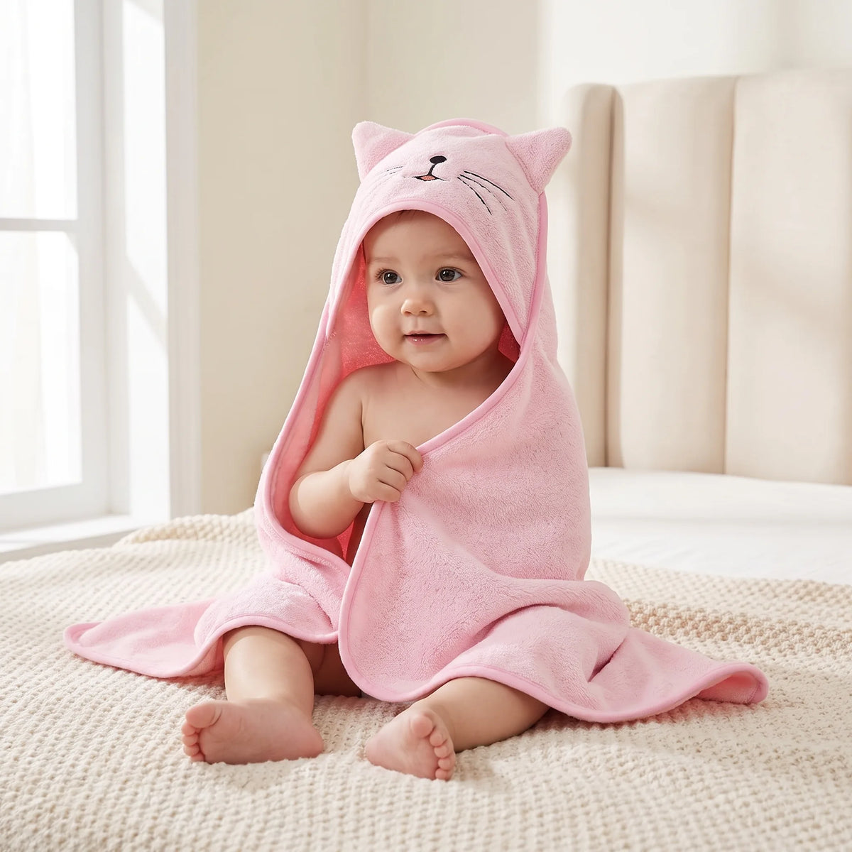 Baby wrapped in the pink cat hooded bath towel after a bath